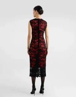 Calf-length floral lace sheath dress with contrasting lining