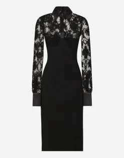 Calf-length jersey and lace dress with corset details