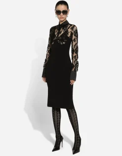Calf-length jersey and lace dress with corset details