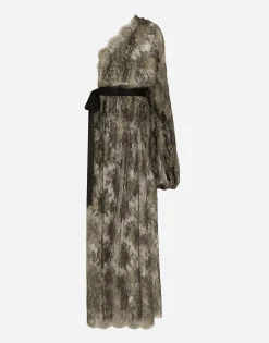 Calf-length one-shoulder lamé Chantilly lace dress