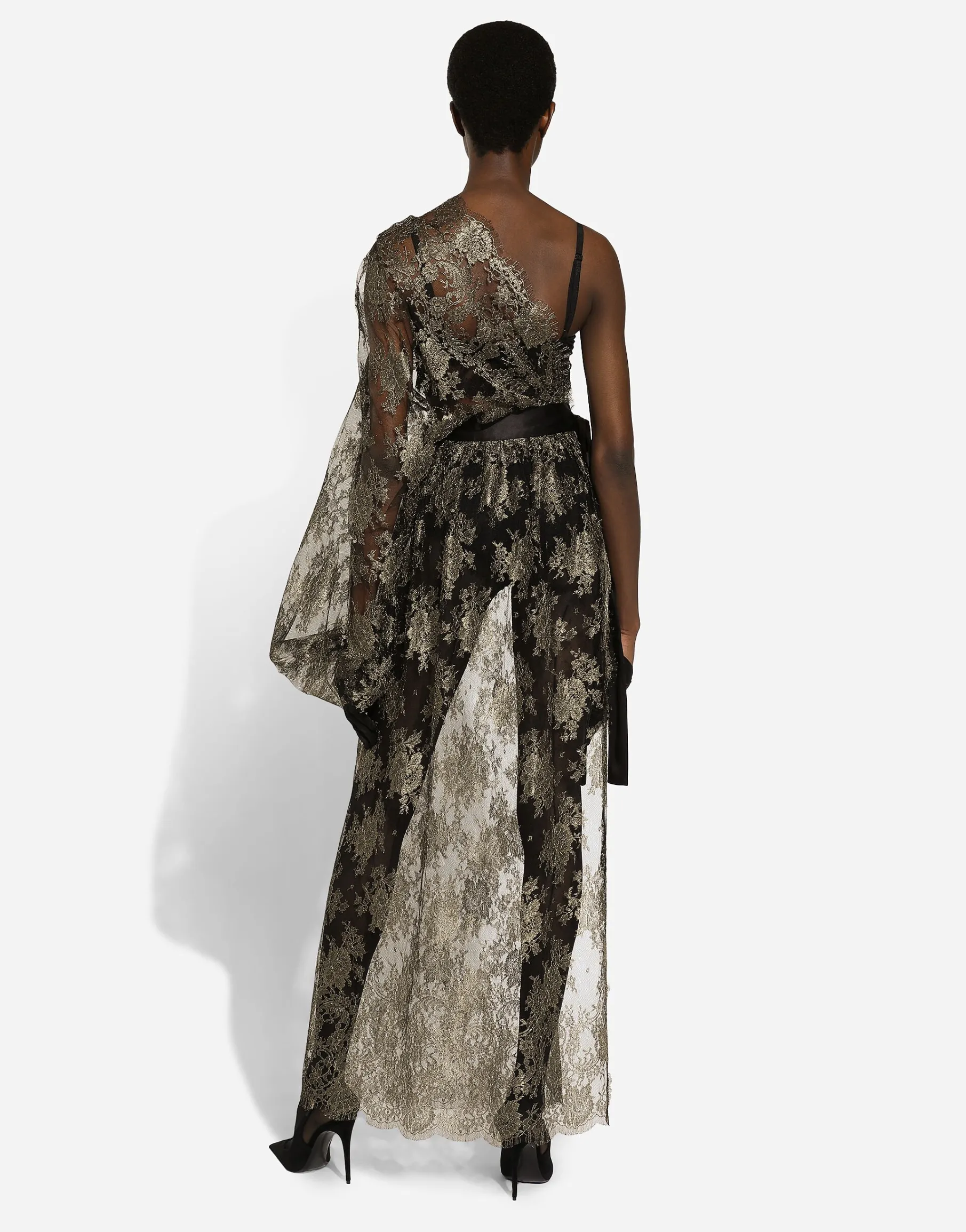 Calf-length one-shoulder lamé Chantilly lace dress