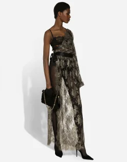Calf-length one-shoulder lamé Chantilly lace dress
