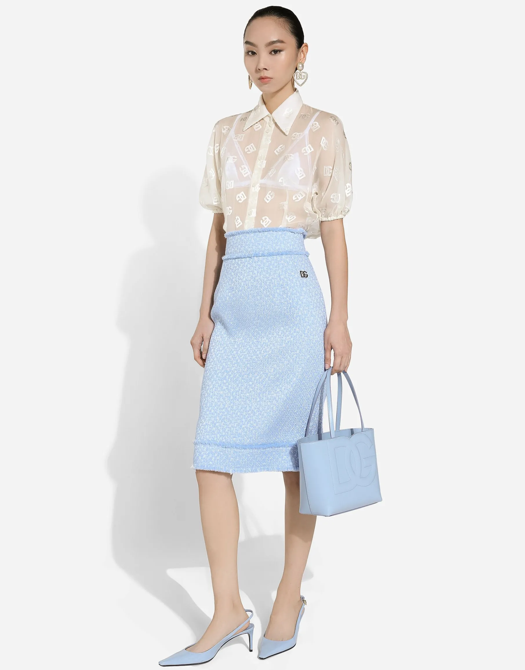 Calf-length raschel tweed pencil skirt with DG logo