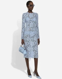 Calf-length sheath dress in branded floral cordonetto lace