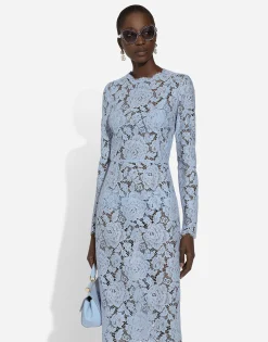 Calf-length sheath dress in branded floral cordonetto lace
