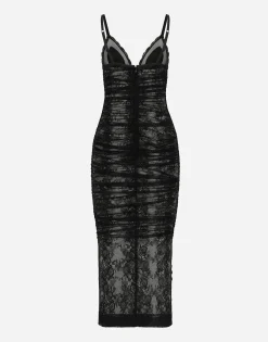 Calf-length stretch Chantilly lace slip dress