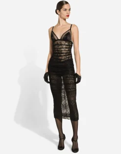 Calf-length stretch Chantilly lace slip dress