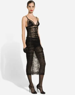 Calf-length stretch Chantilly lace slip dress