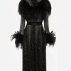 Calf-length stretch tulle dress with fusible rhinestones and rooster and ostrich feather embellishment