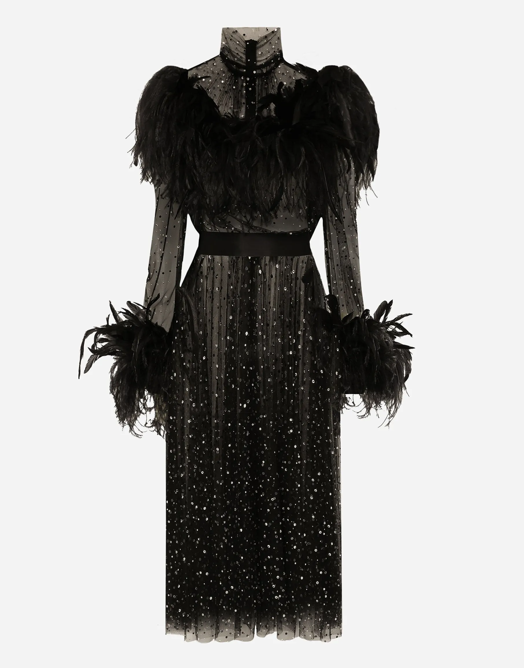 Calf-length stretch tulle dress with fusible rhinestones and rooster and ostrich feather embellishment
