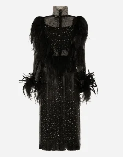 Calf-length stretch tulle dress with fusible rhinestones and rooster and ostrich feather embellishment