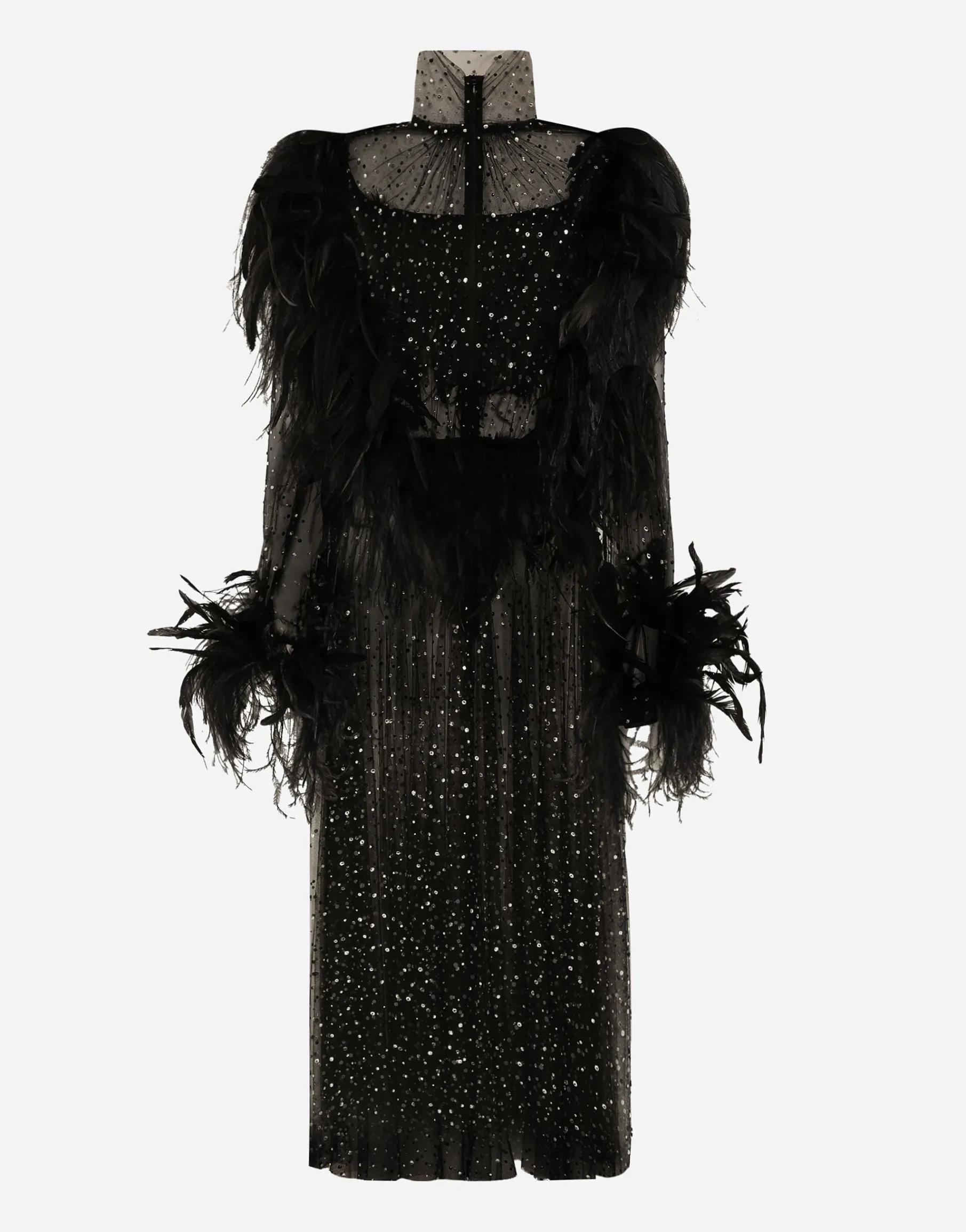 Calf-length stretch tulle dress with fusible rhinestones and rooster and ostrich feather embellishment