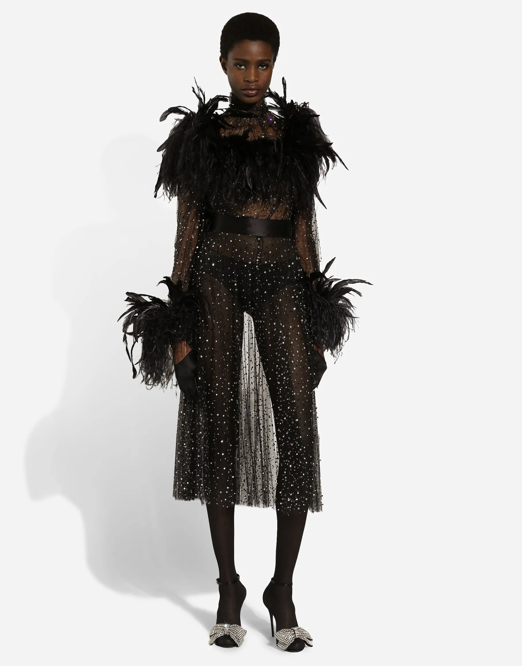 Calf-length stretch tulle dress with fusible rhinestones and rooster and ostrich feather embellishment