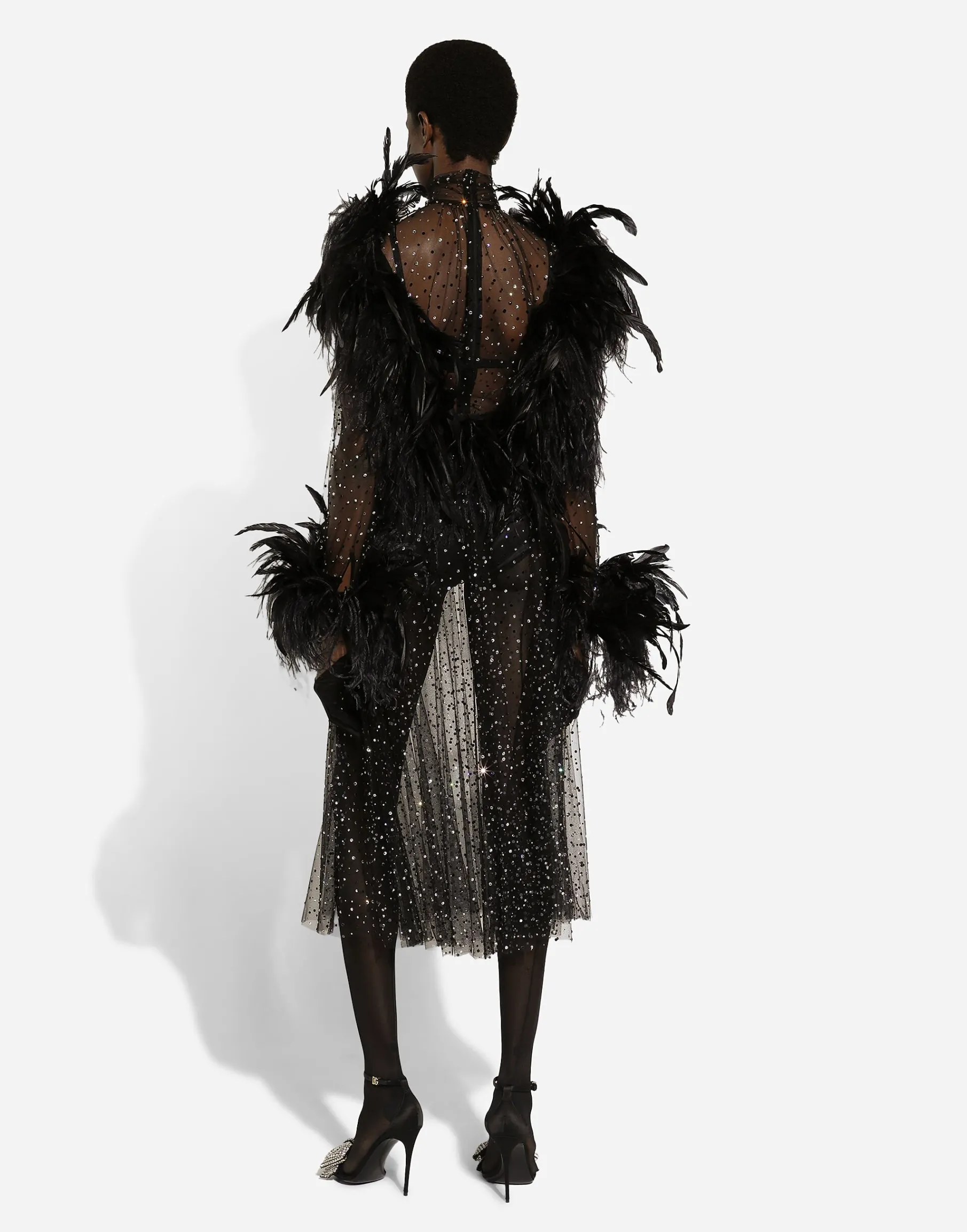 Calf-length stretch tulle dress with fusible rhinestones and rooster and ostrich feather embellishment