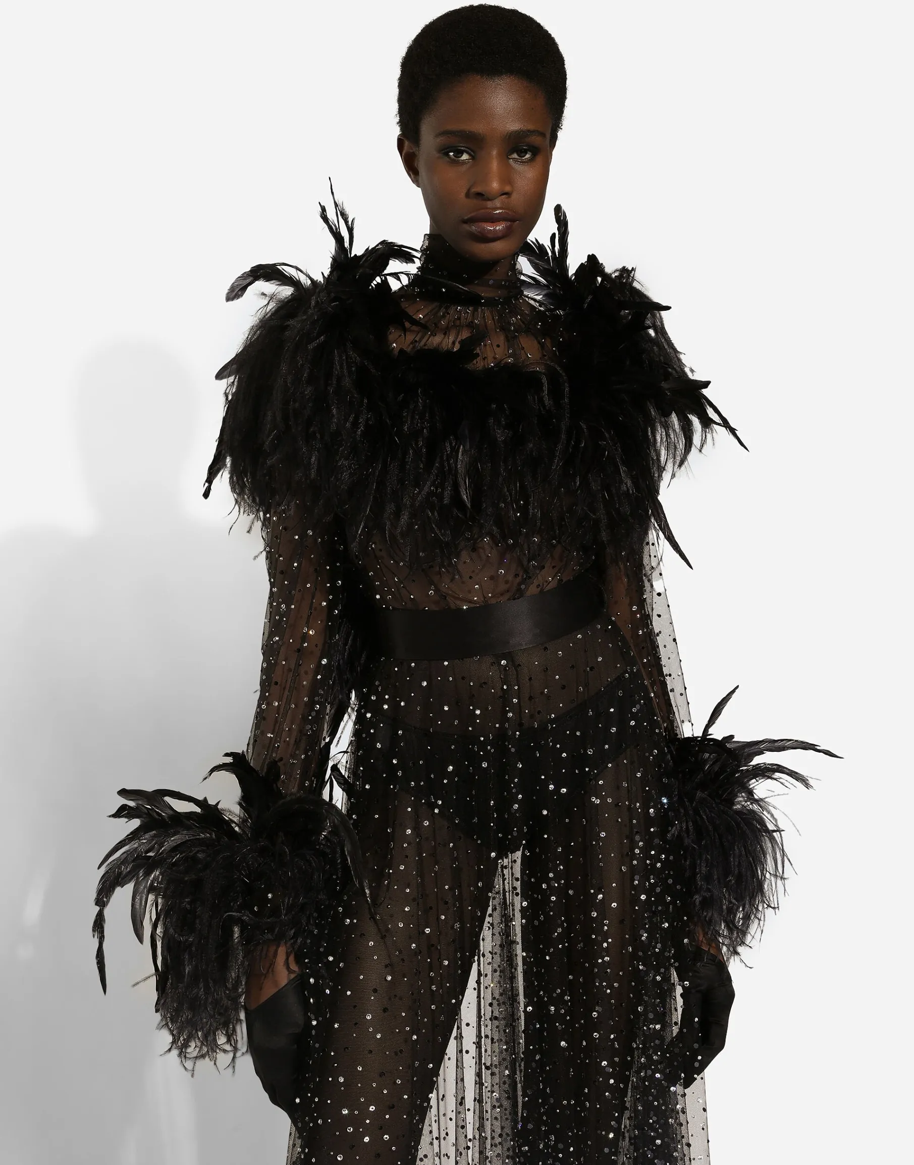 Calf-length stretch tulle dress with fusible rhinestones and rooster and ostrich feather embellishment
