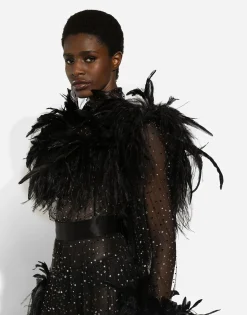 Calf-length stretch tulle dress with fusible rhinestones and rooster and ostrich feather embellishment