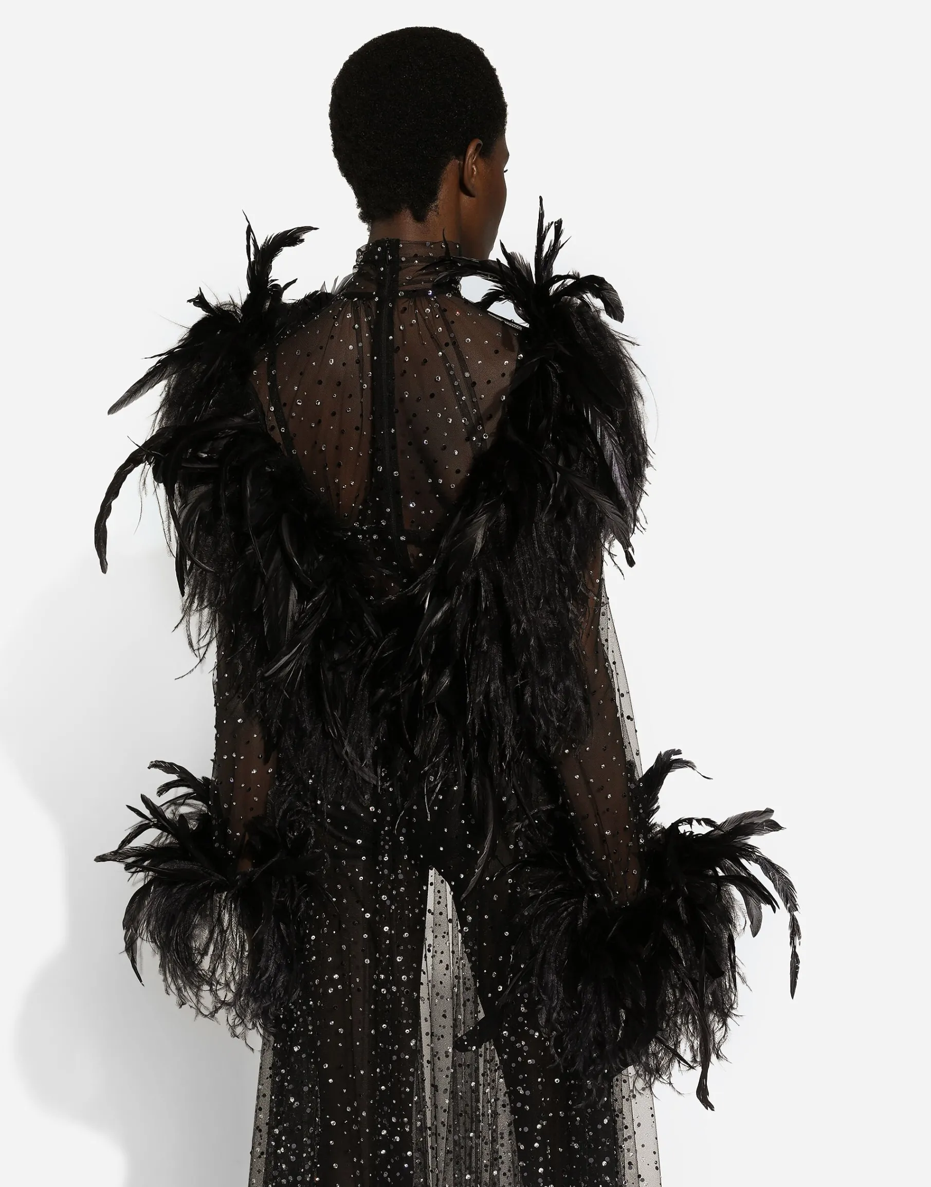Calf-length stretch tulle dress with fusible rhinestones and rooster and ostrich feather embellishment