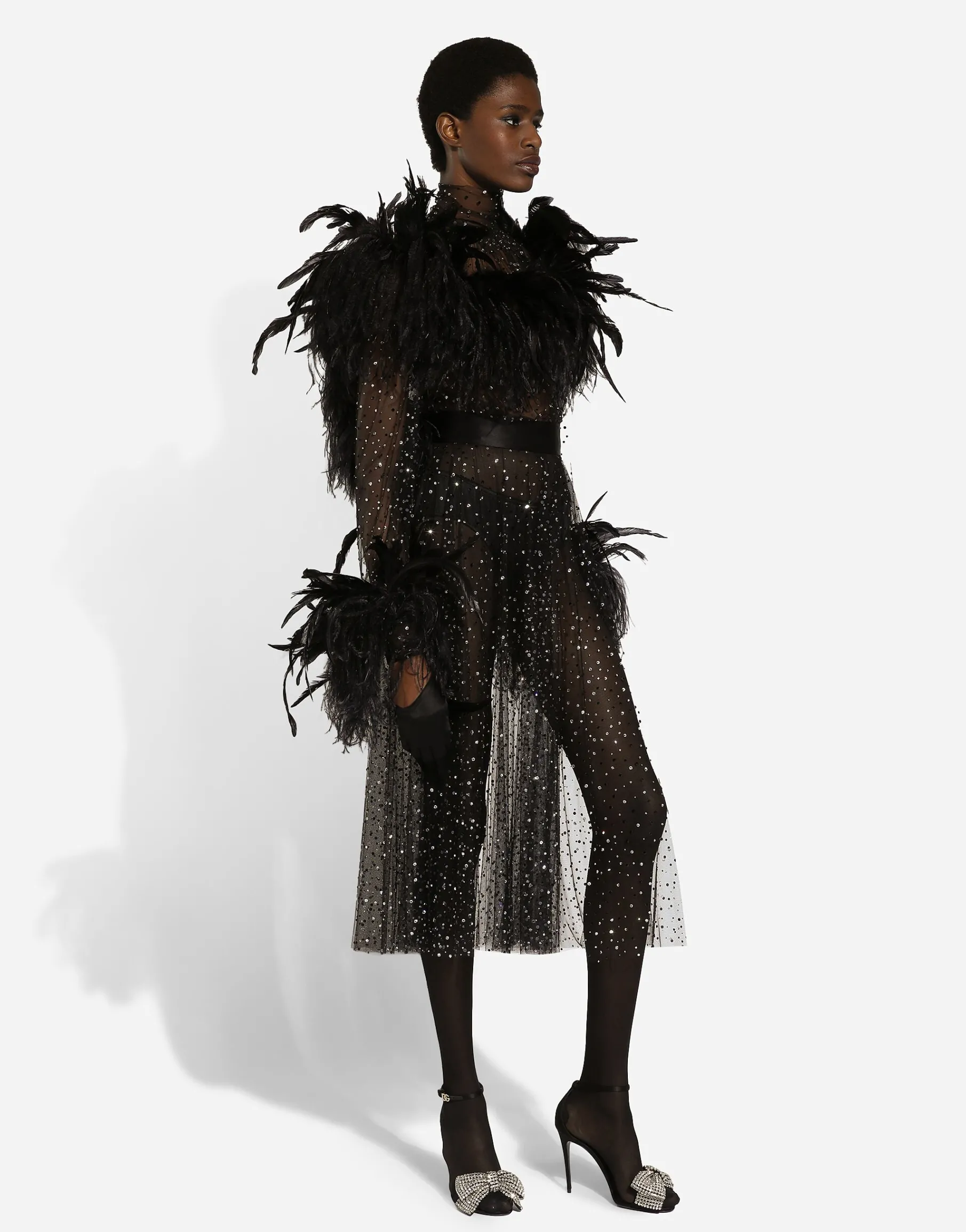 Calf-length stretch tulle dress with fusible rhinestones and rooster and ostrich feather embellishment