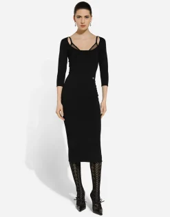 Calf-length viscose knit dress