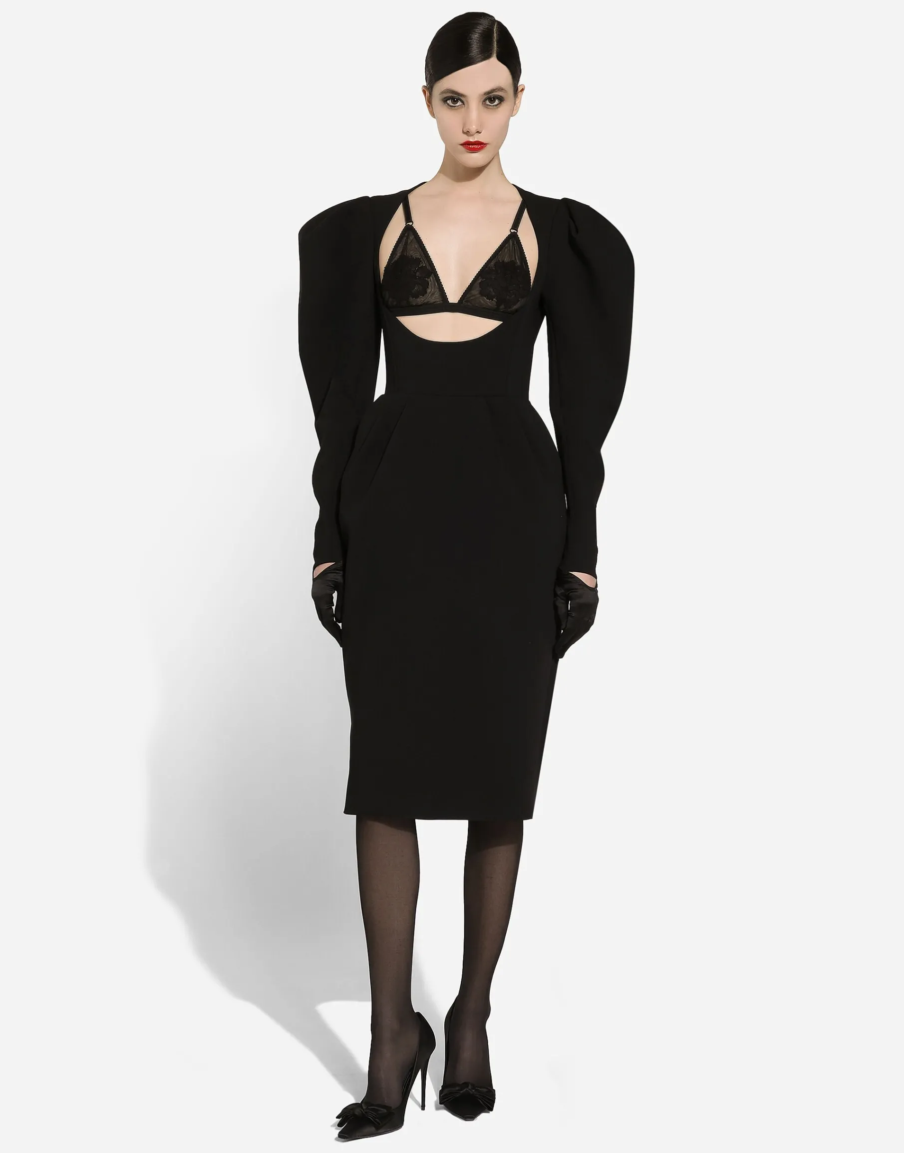Calf-length wool dress with open neckline