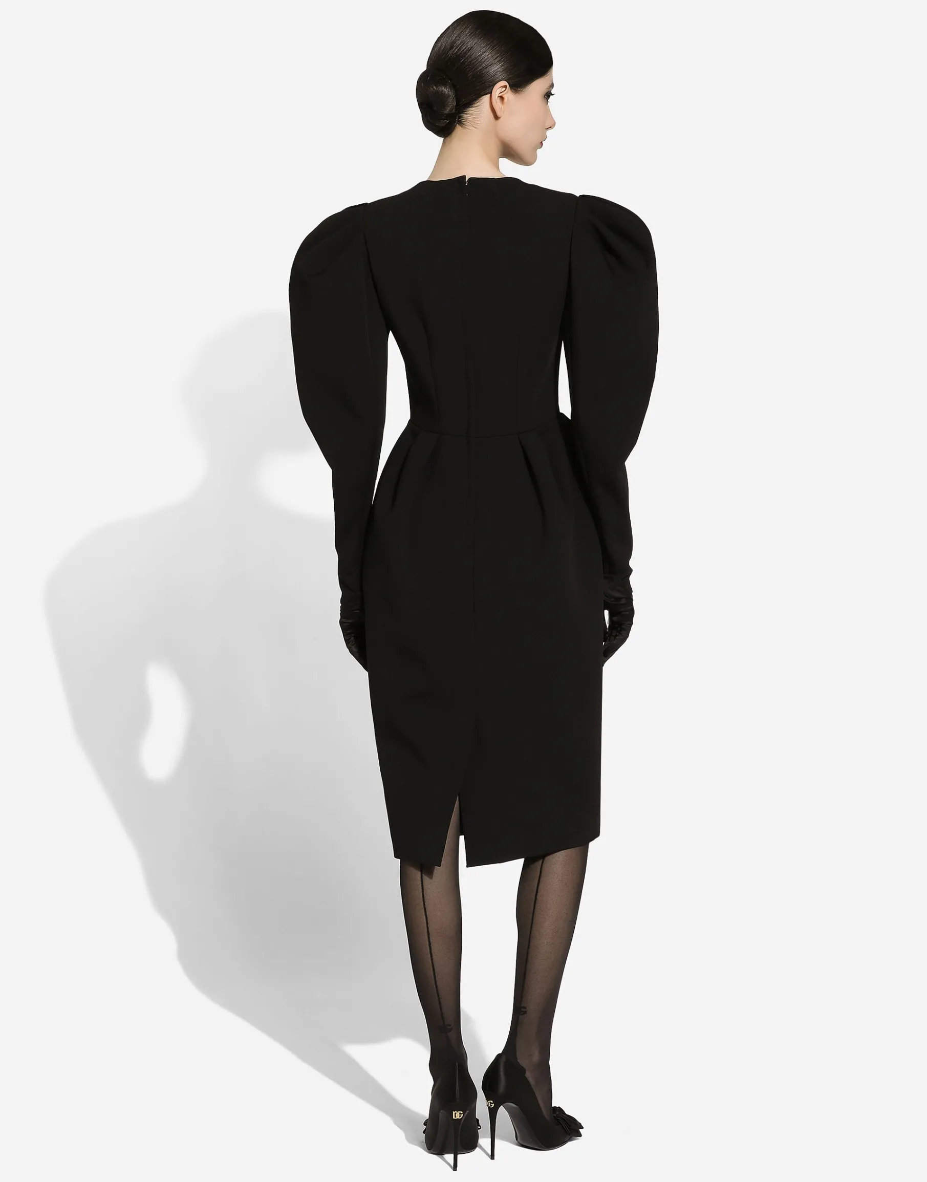 Calf-length wool dress with open neckline