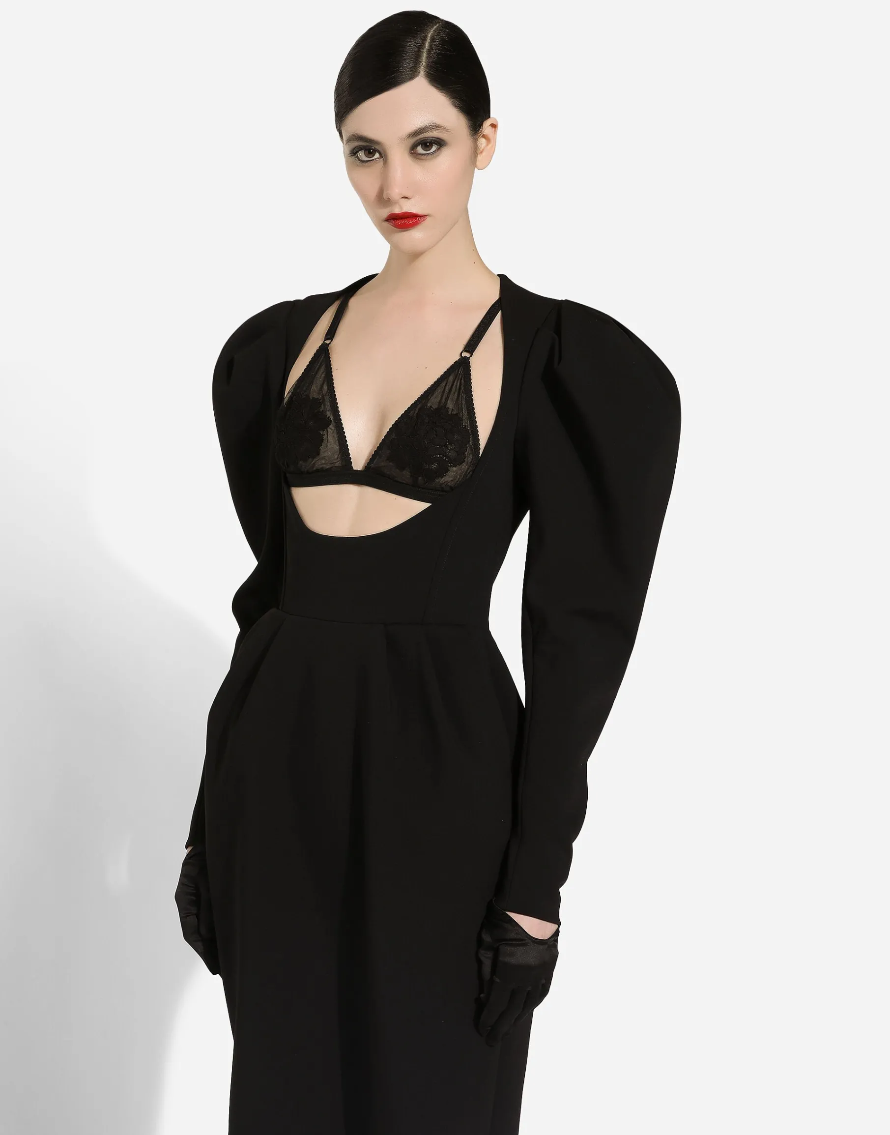 Calf-length wool dress with open neckline