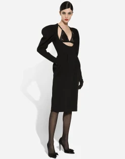Calf-length wool dress with open neckline