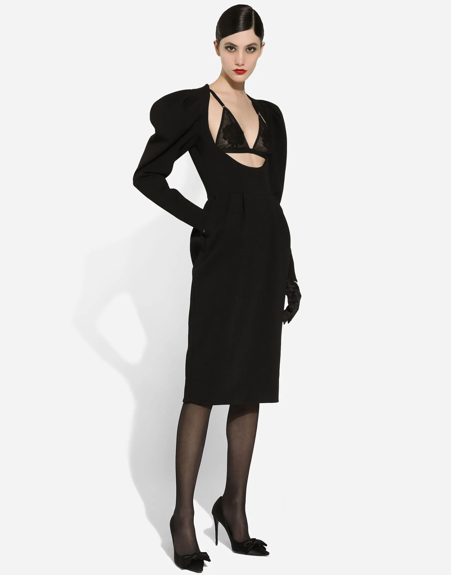 Calf-length wool dress with open neckline