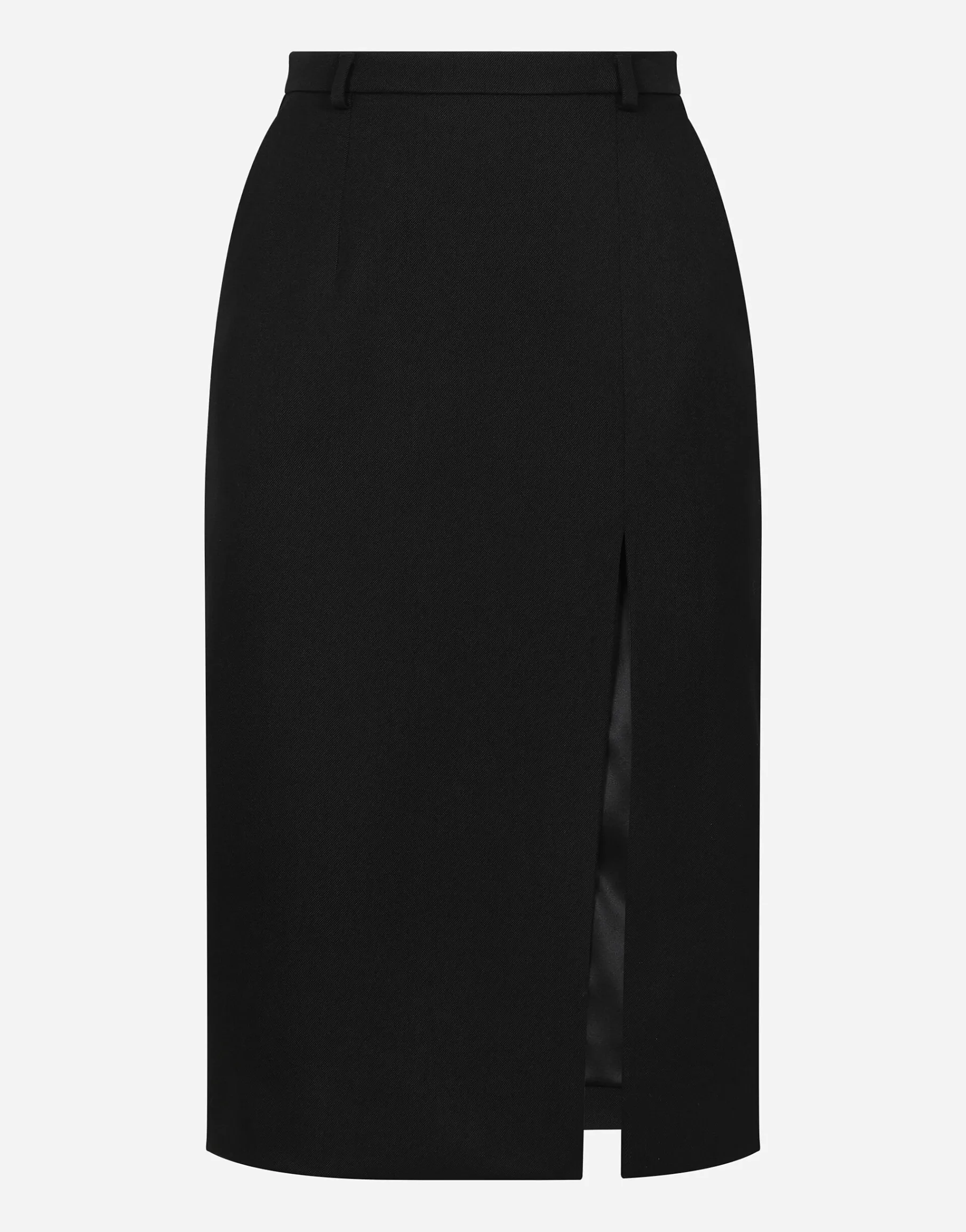 Calf-length wool gabardine skirt with slit