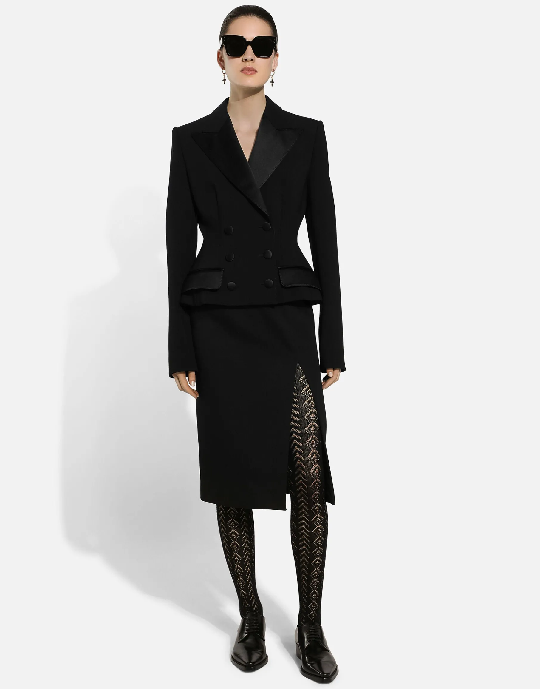 Calf-length wool gabardine skirt with slit