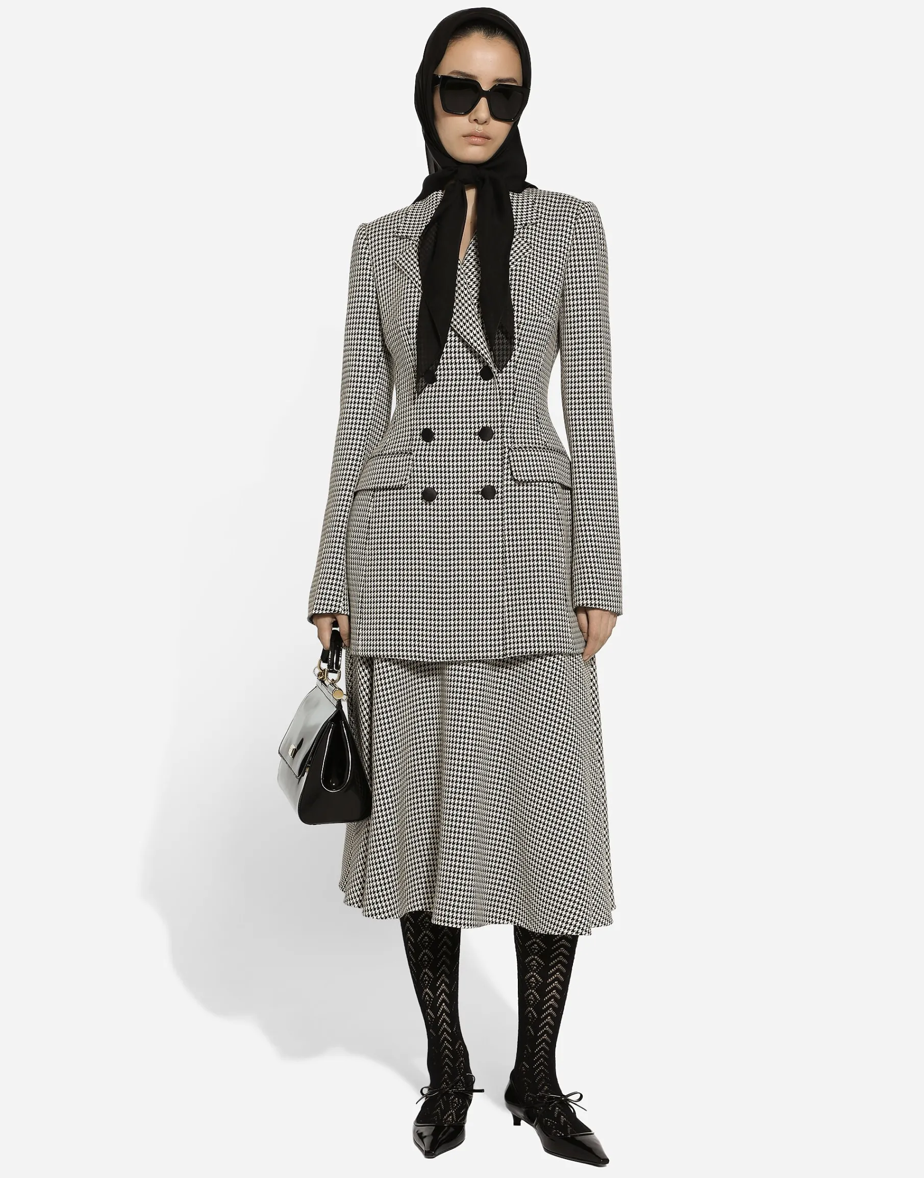 Calf-length wool houndstooth circle skirt