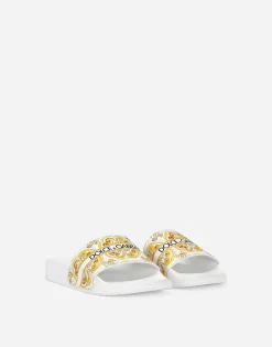 Calfskin beach sliders with the yellow majolica print