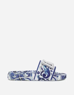 Calfskin beachwear sliders in majolica-design rubberized calfskin