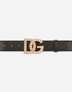 Calfskin belt with bejeweled DG logo