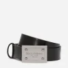 Calfskin belt with branded tag