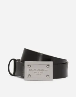 Calfskin belt with branded tag