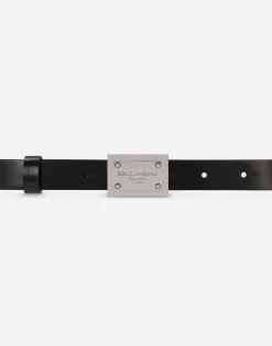 Calfskin belt with branded tag
