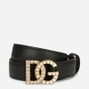 Calfskin belt with DG logo with rhinestones and pearls