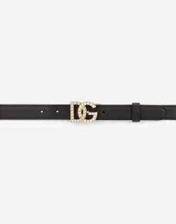 Calfskin belt with DG logo with rhinestones and pearls