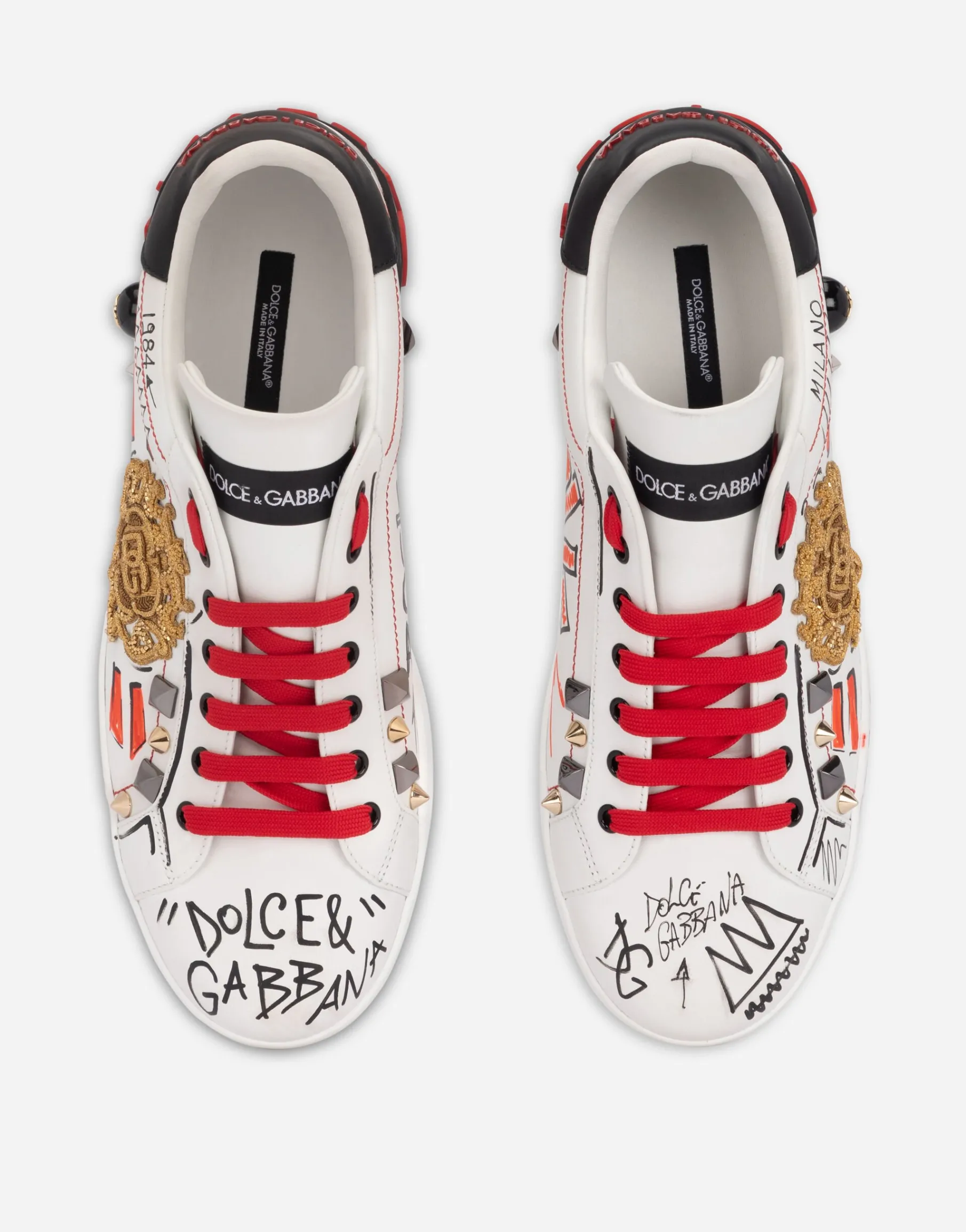 Calfskin Portofino sneakers with embroidery and studs