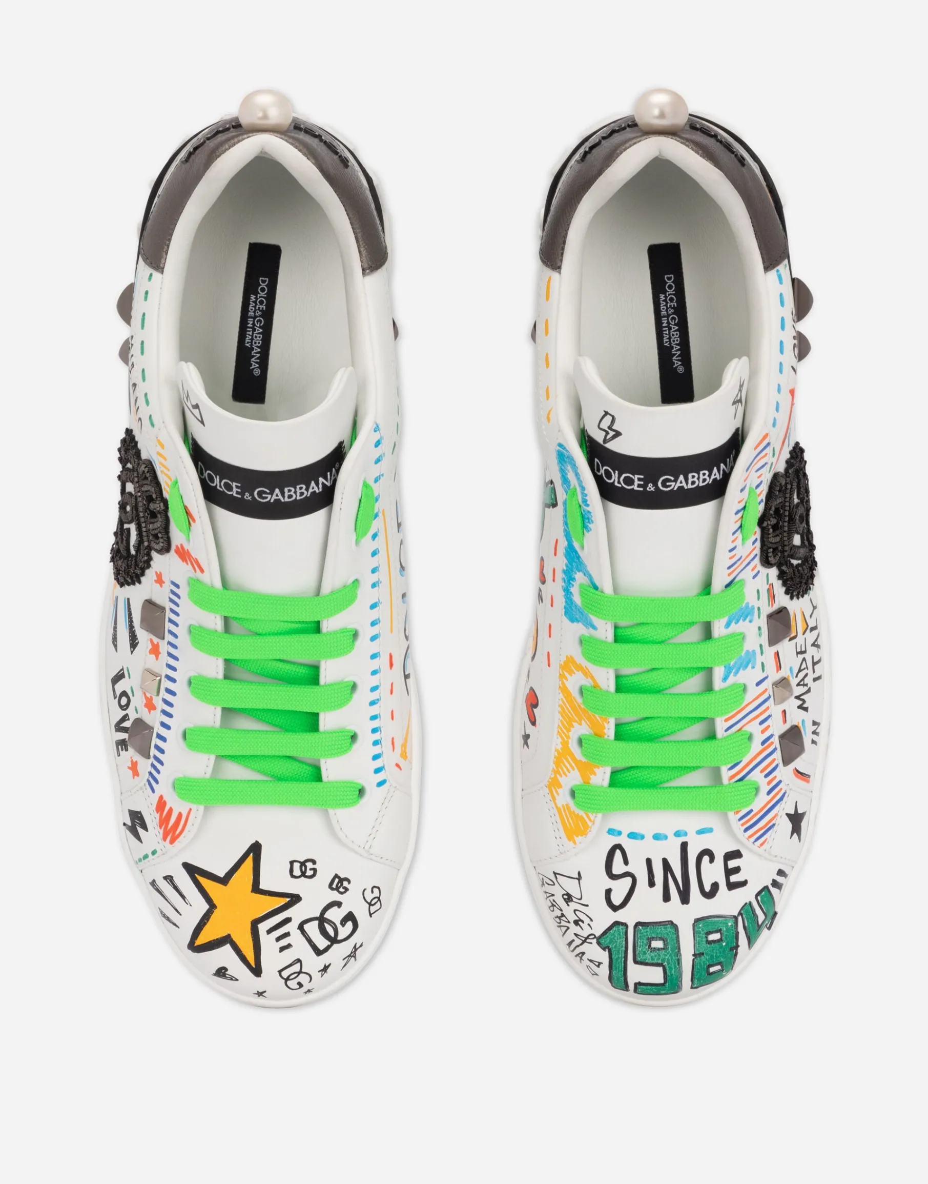 Calfskin Portofino sneakers with embroidery and studs