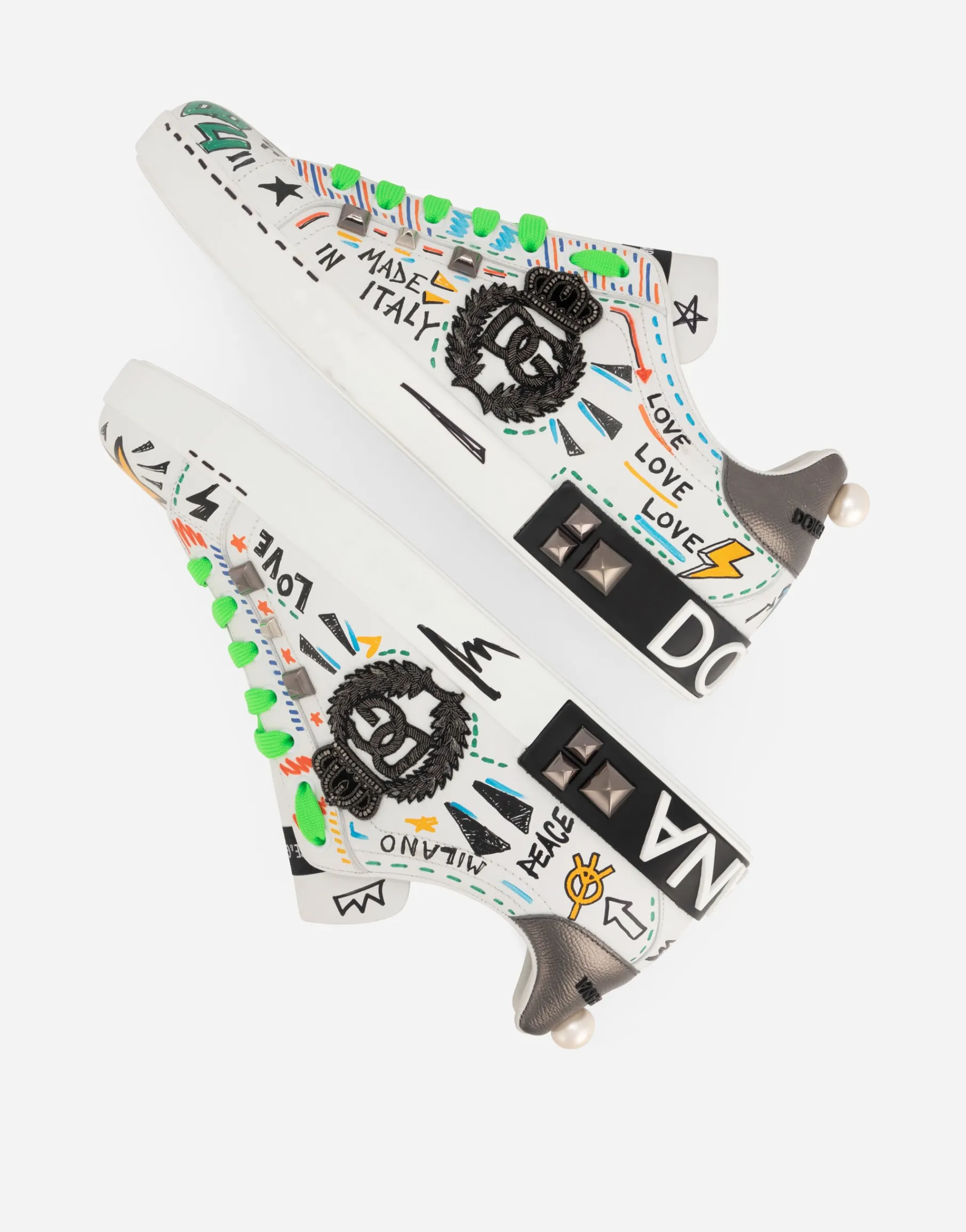 Calfskin Portofino sneakers with embroidery and studs