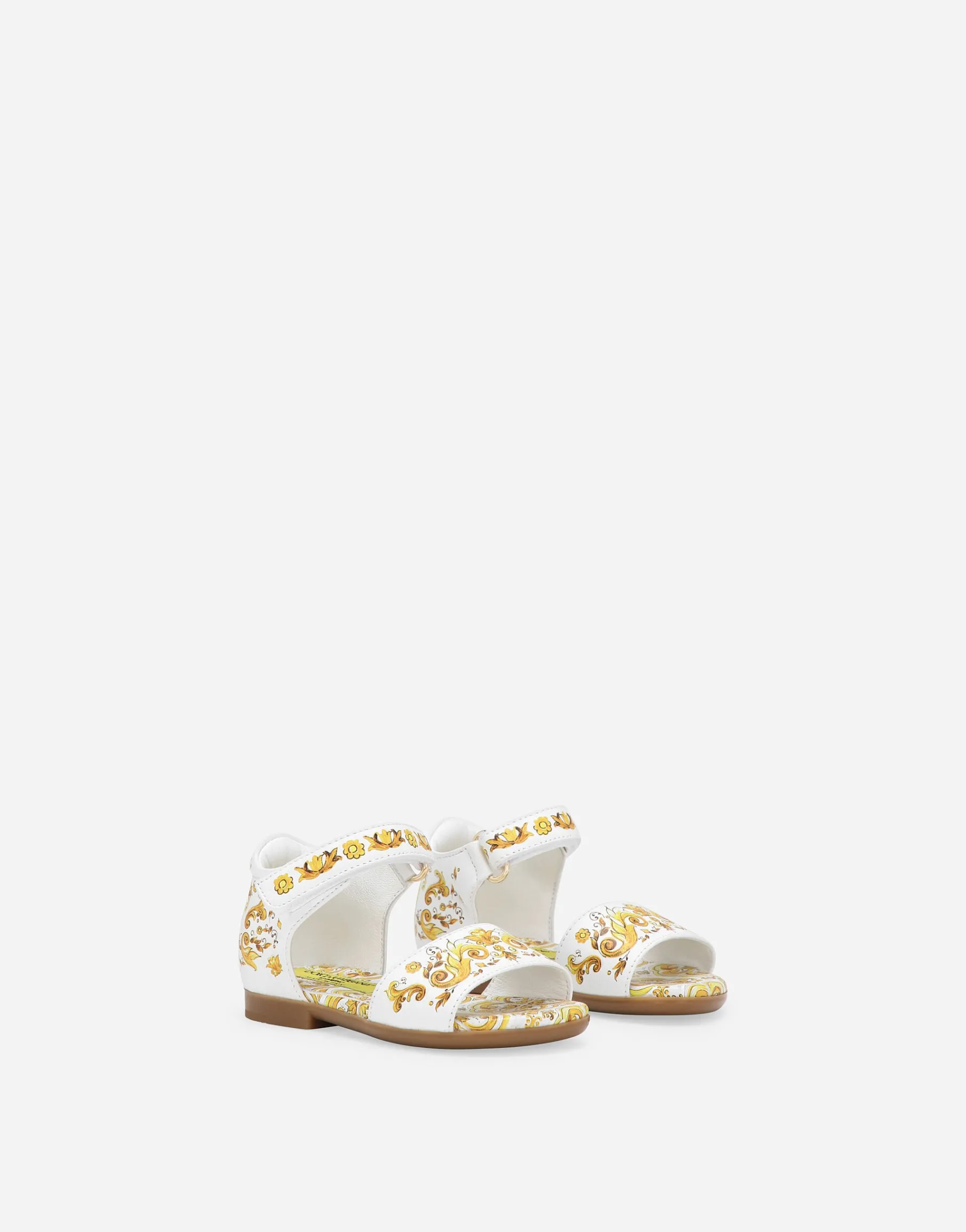 Calfskin sandals with yellow majolica print