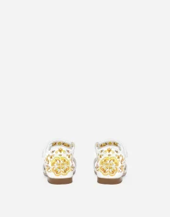 Calfskin sandals with yellow majolica print