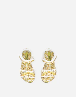 Calfskin sandals with yellow majolica print