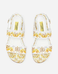 Calfskin sandals with yellow majolica print