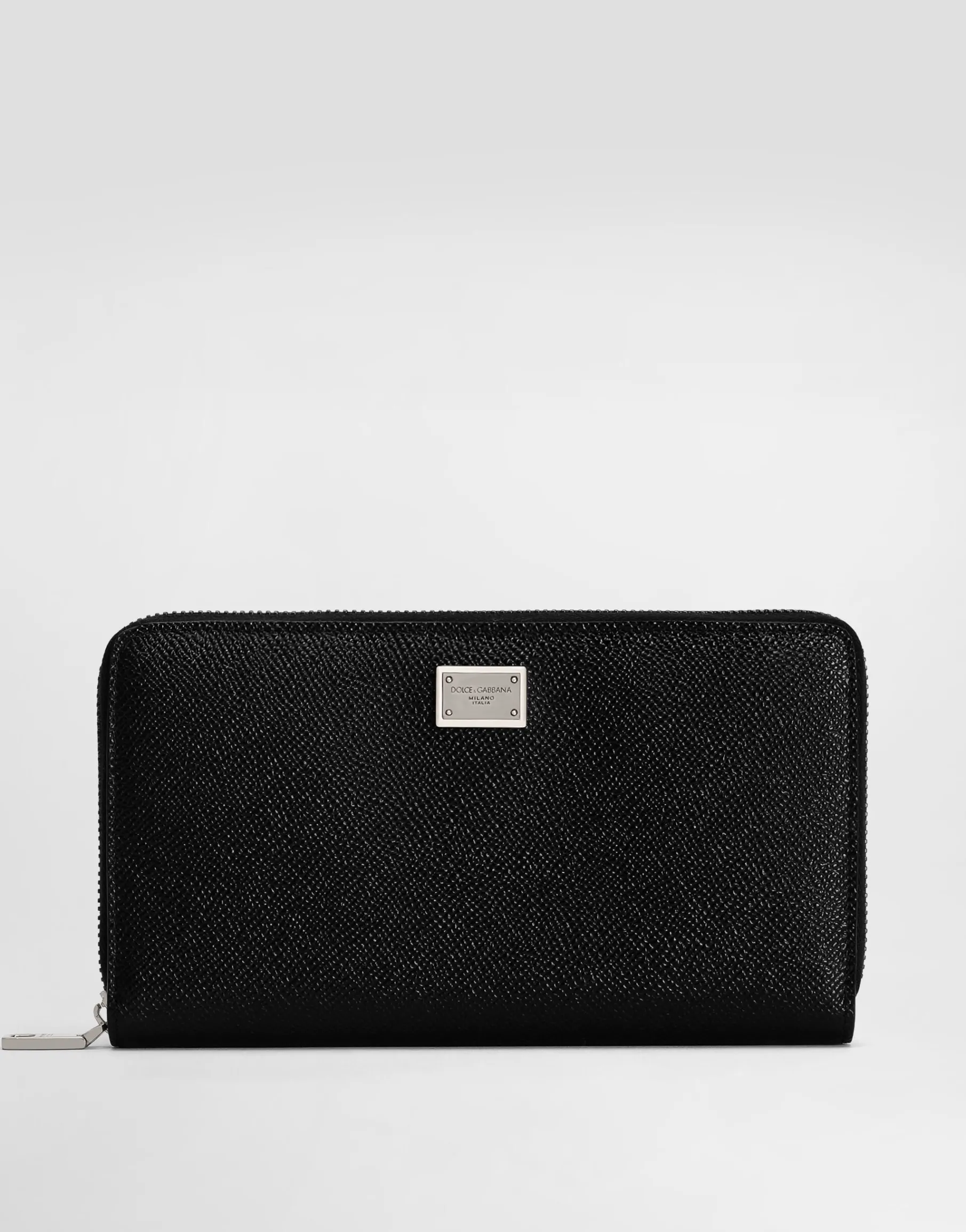 Calfskin zip-around wallet with branded plate