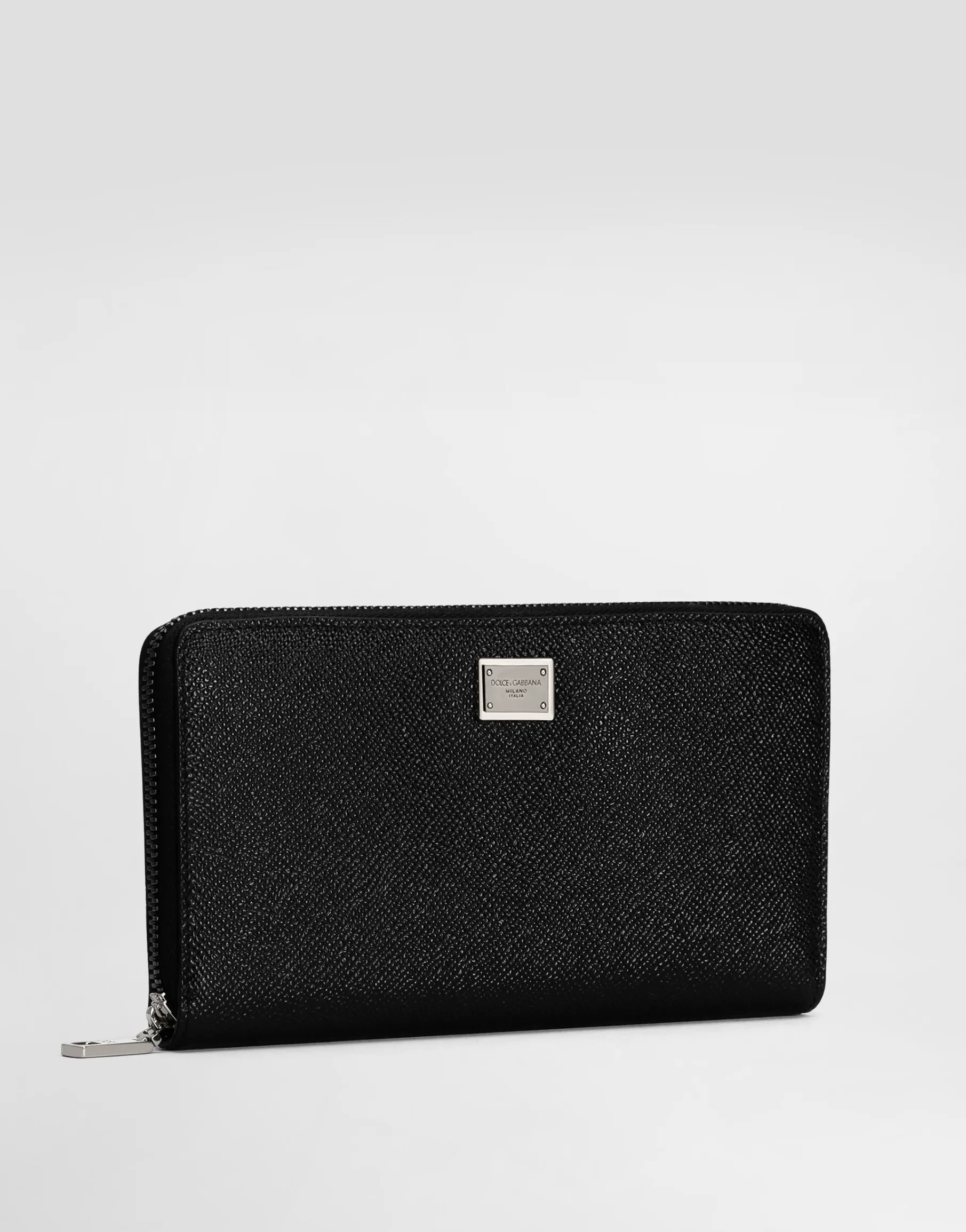 Calfskin zip-around wallet with branded plate