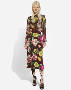 Camellia-print chiffon shirt