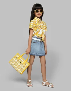 Canvas handbag with yellow majolica print